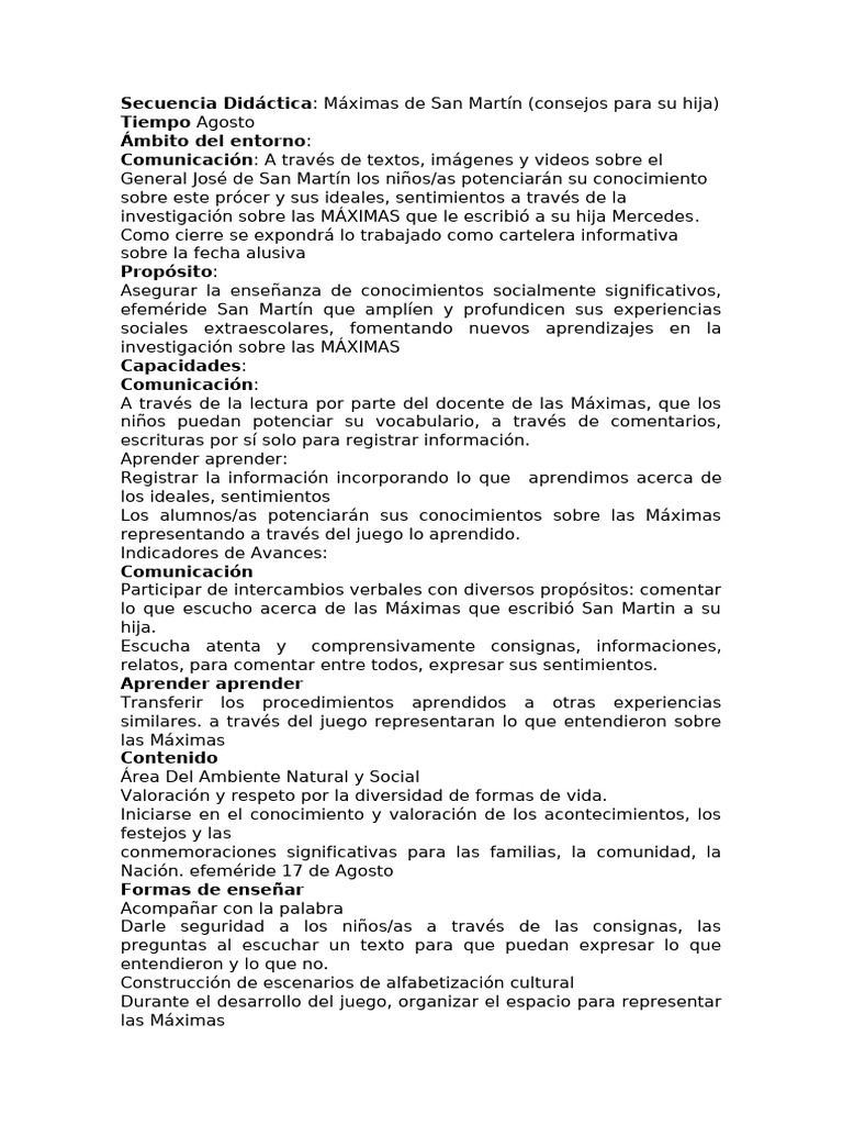 Máximas de San Martín Secuencia Didáctica | PDF