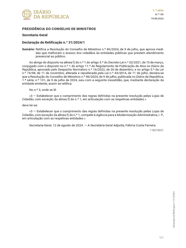 Declaração de Retificação N.º 31/2024/1, de 19 de Agosto | PDF