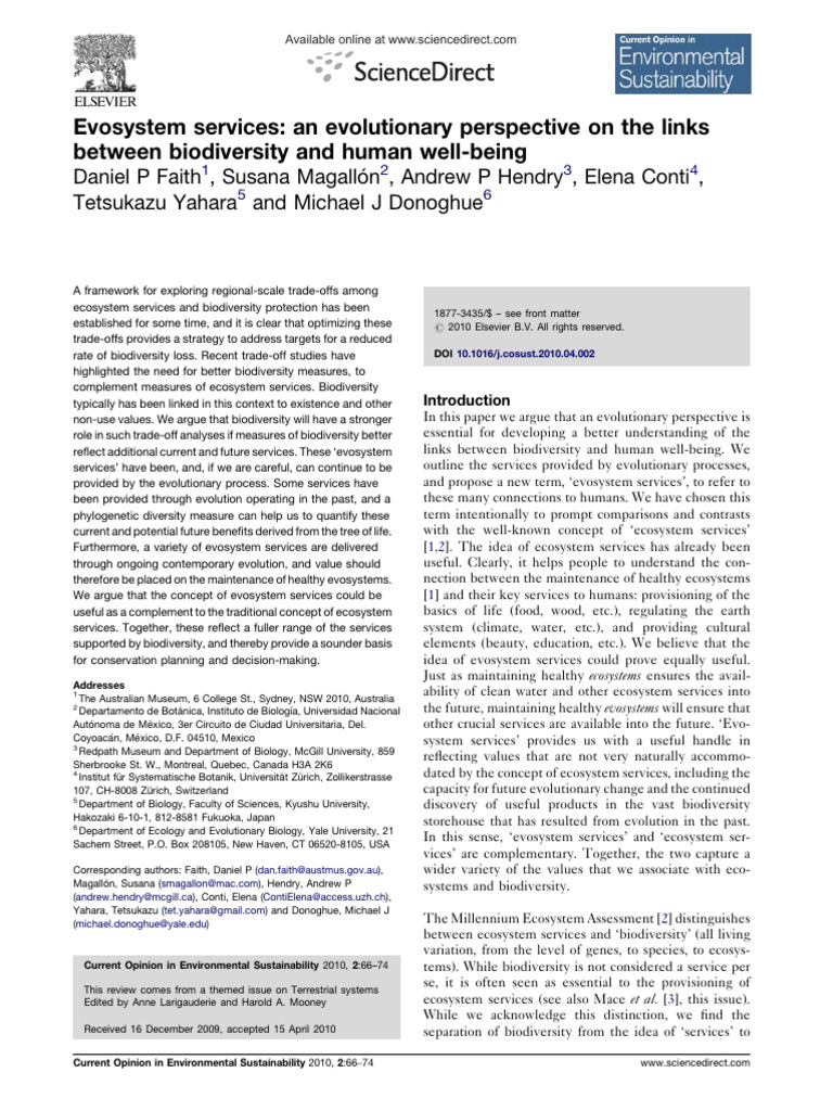 Ecosystem Services - An Evolutionary Perspective On The Links Between ...