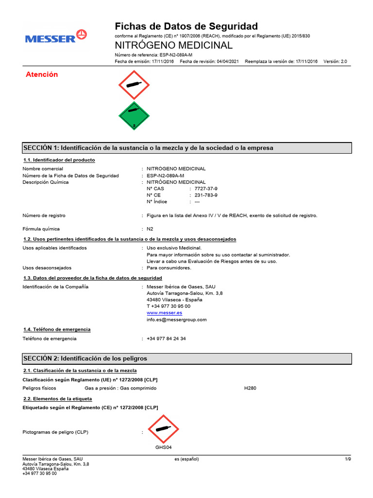 Ficha de Seguridad Nitrógeno Medicinal | PDF