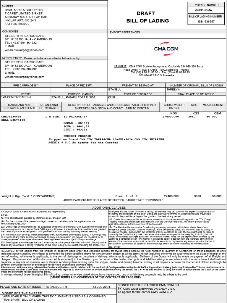 Bill of Lading Draft: Carrier | PDF