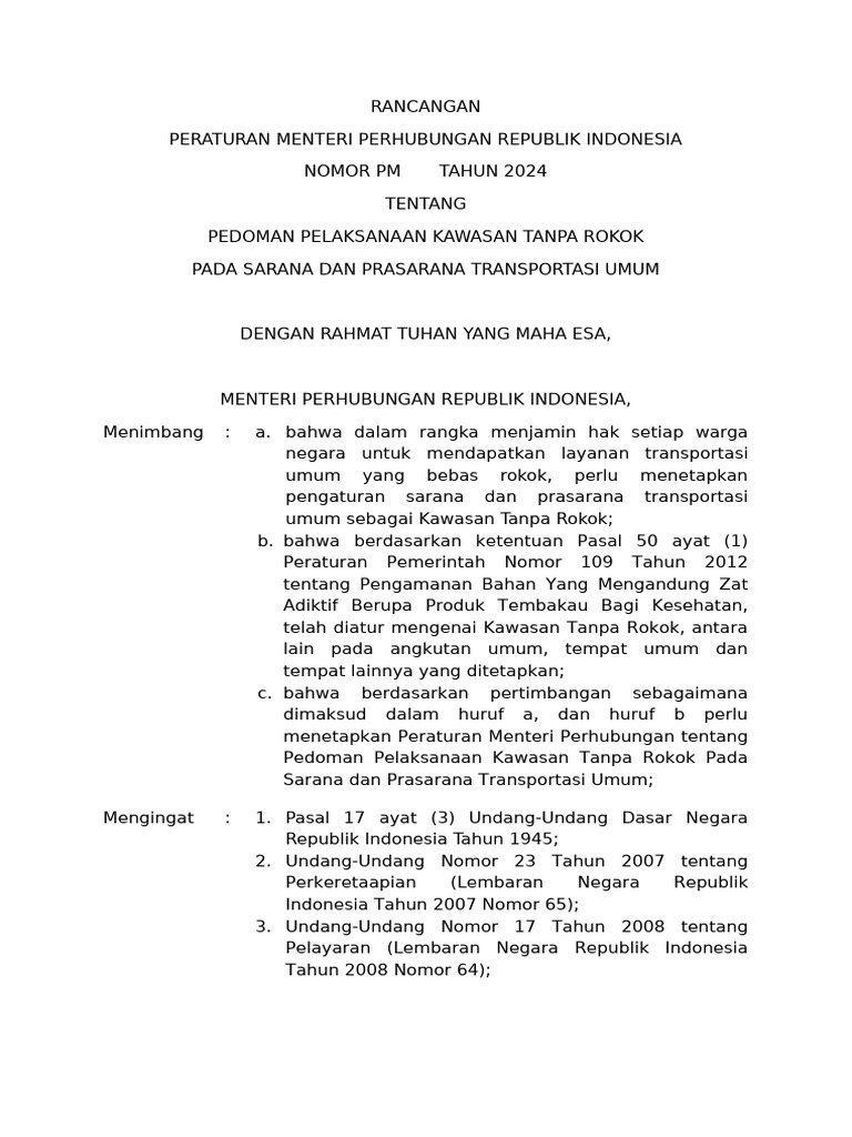 Rancangan PM Perhubungan Pedoman Pelaksanaan KTR Sarpras Transportasi ...