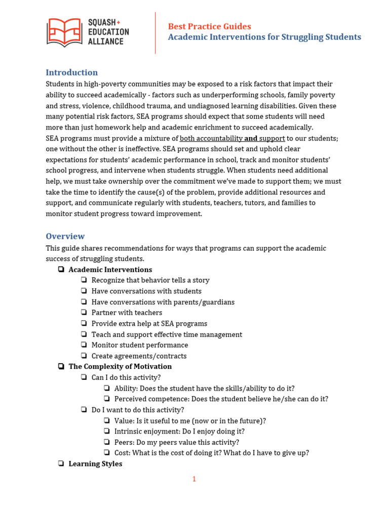 Best Practices Academic Interventions For Struggling Students | PDF