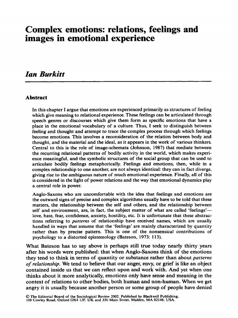 Burkitt 2002 Complex Emotions Relations Feelings and Images in ...