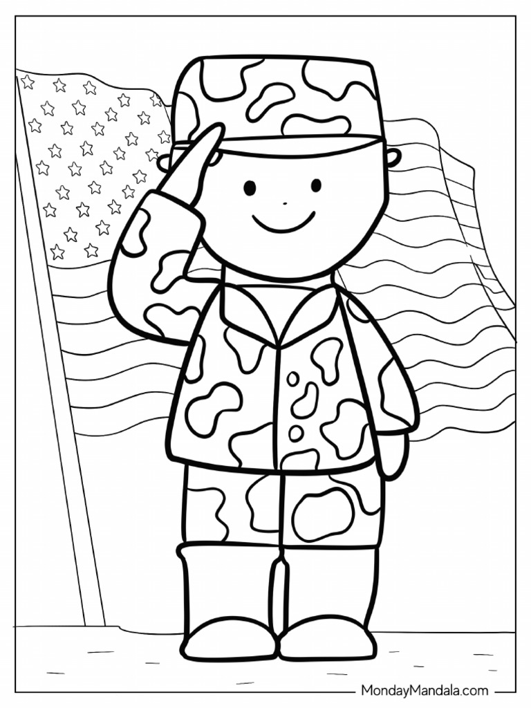 Cute American Soldier Saluting Coloring Page For Preschoolers | PDF
