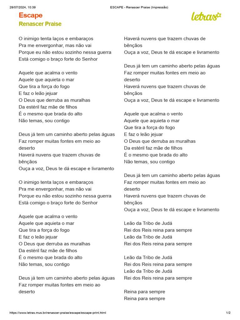 Escape renascer praise letra pdf
