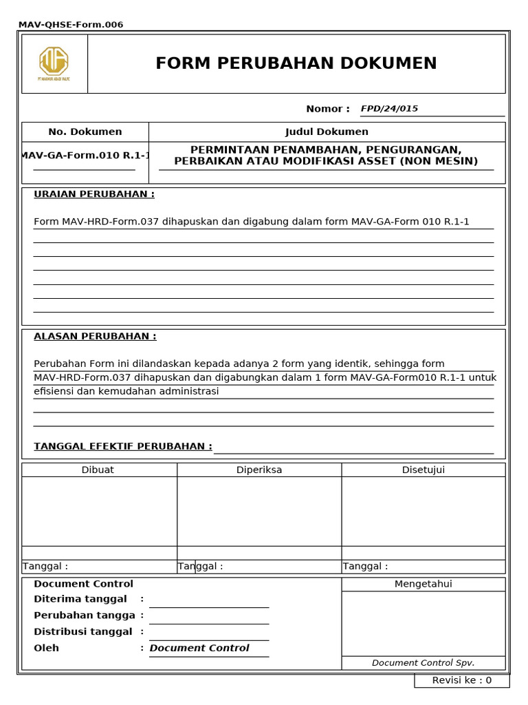Mav qhse form 006 r 0 1 form perubahan dokumen fpd pdf