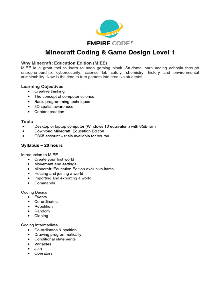 Empire Code - Minecraft Coding & Game Design Level 1 - Framework | PDF
