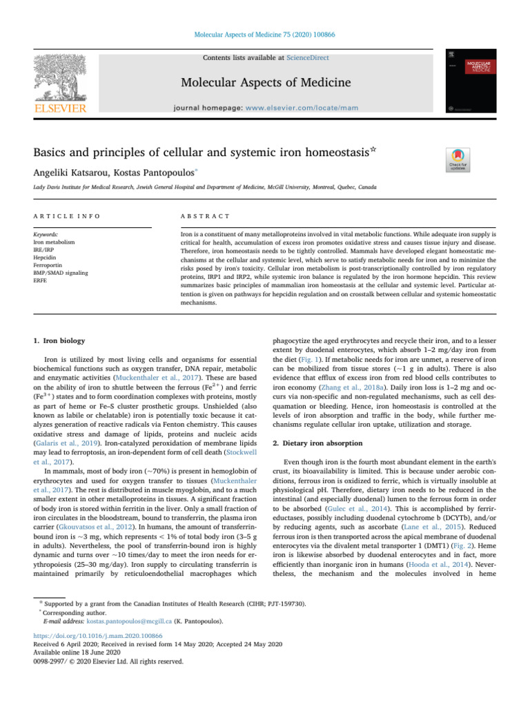 2020 Basics and Principles of Cellular and Systemic Iron Homeostasis | PDF