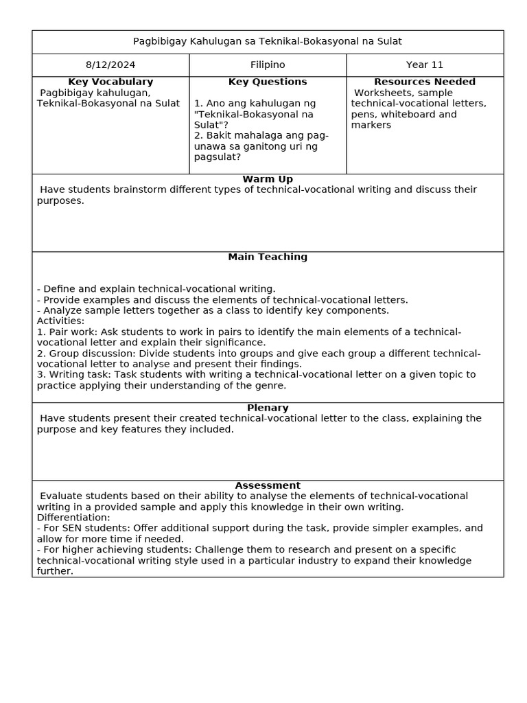 Year 11's Pagbibigay Kahulugan Sa Teknikal-Bokasyonal Na Sulat Lesson ...