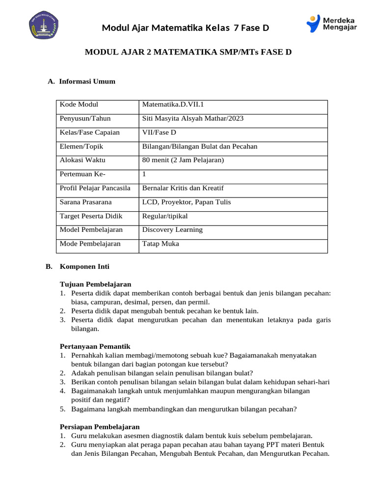 MODUL AJAR MATEMATIKA SMP KELAS VII BAB 2 - Revisi | PDF