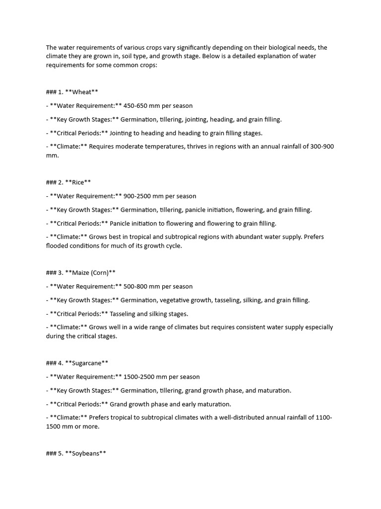 Water Requirement For Crops | PDF