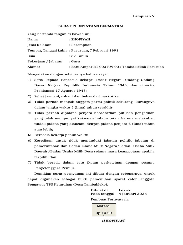 Lampiran V SURAT PERNYATAAN BERMATRAI | PDF