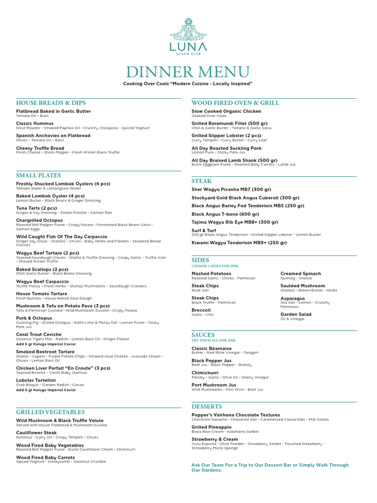 Luna Beach Club Restaurant Menu | PDF