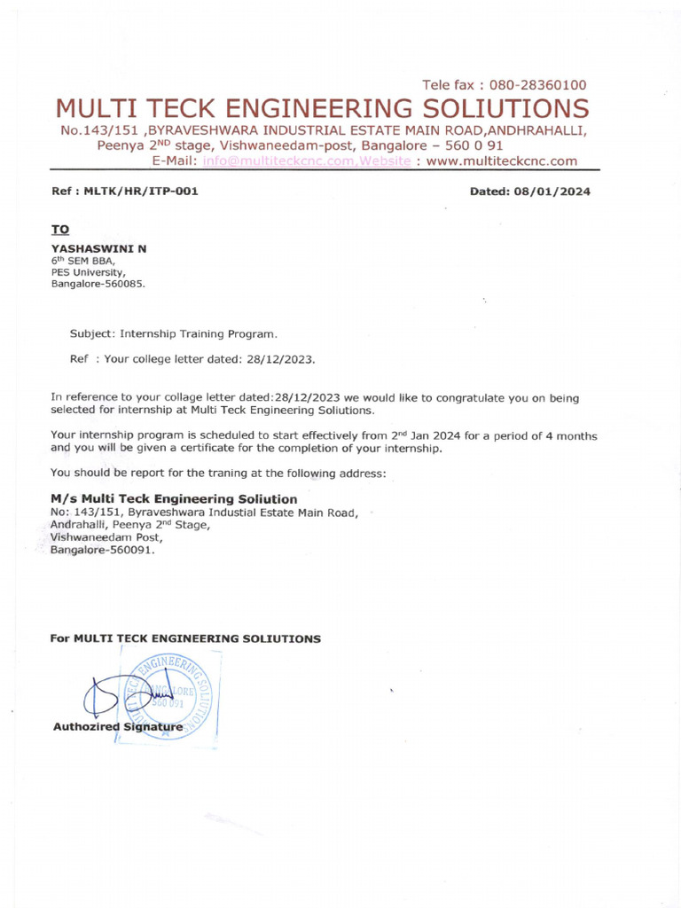 Internship Program Letter - Yashaswini N - 08.01.2024 | PDF