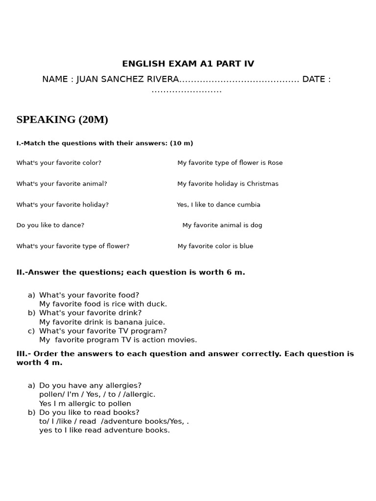 English Exam A1 Part Iv | PDF