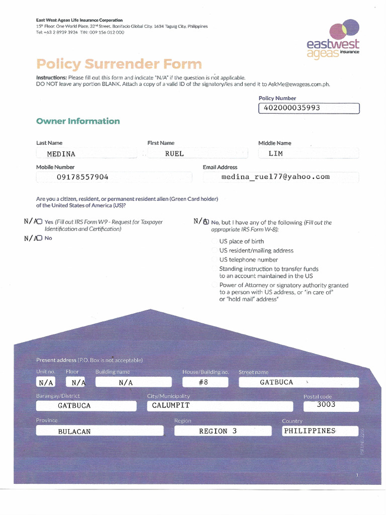 Policy Surrender Form 402000035993 | PDF