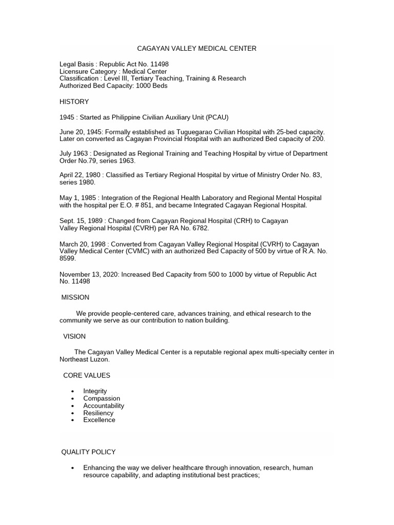 CVMC MISSION VISION CORE VALUES QUALITY POLICIES | PDF