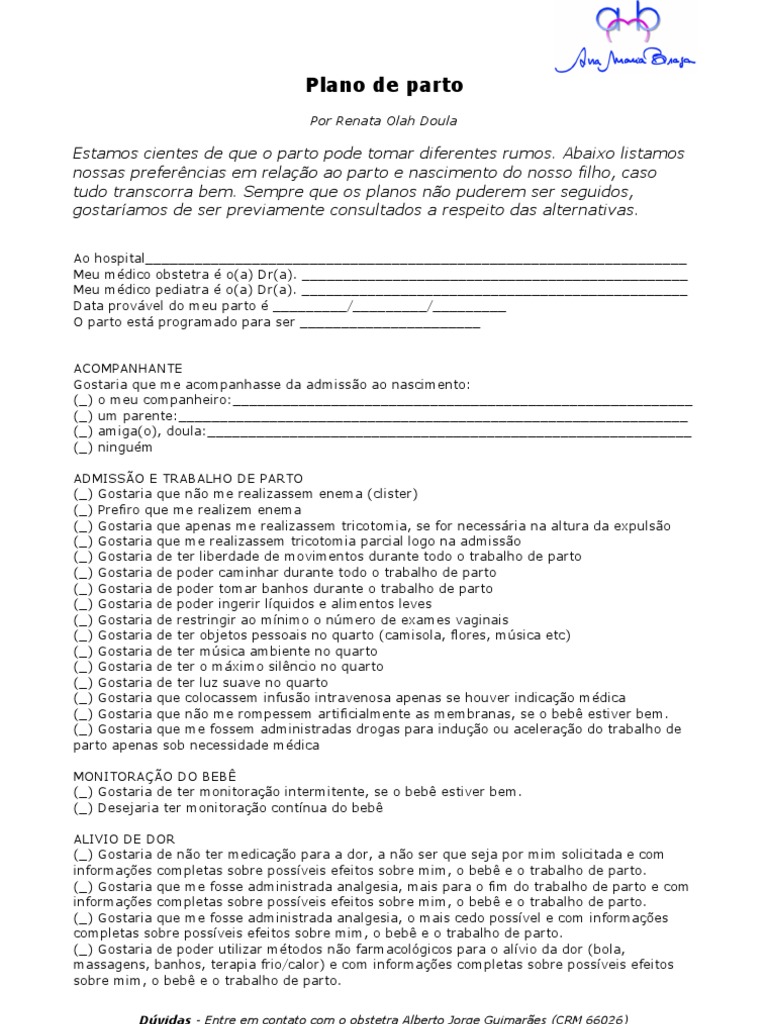 Plano de Parto | PDF | Cesariana | Parto