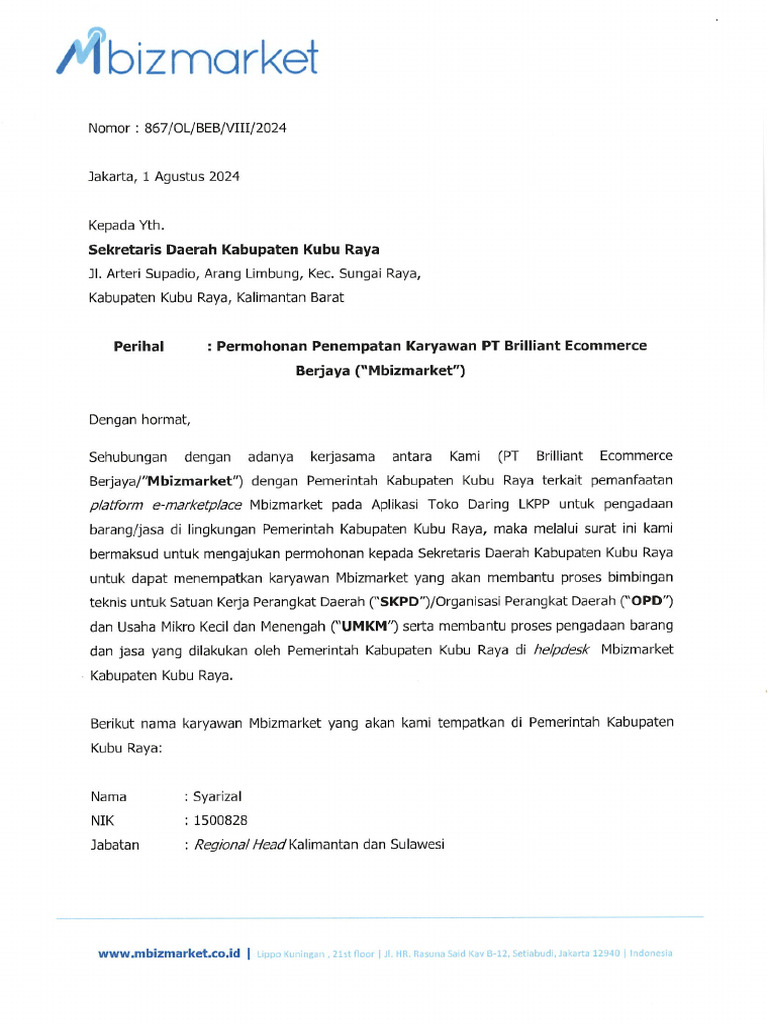 2024 - 867 Surat Permohonan Penempatan Karyawan MB - 240805 - 142102 | PDF