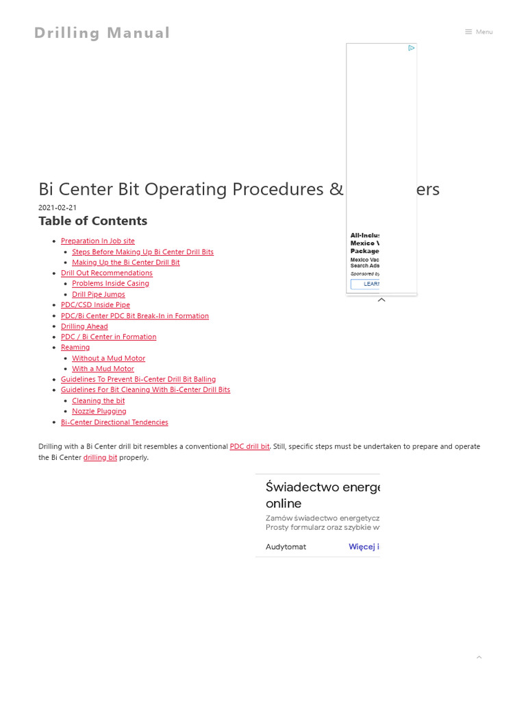Bi Center Bit Operating Procedures & Parameters - Drilling Manual | PDF