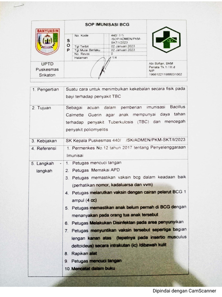 4.3.1.D. Sop Imunisasi BCG | PDF