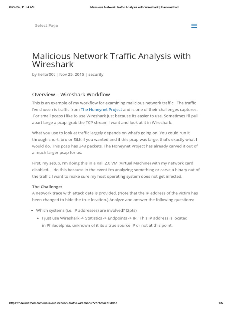 Malicious Network Traffic Analysis With Wireshark - Hackmethod | PDF