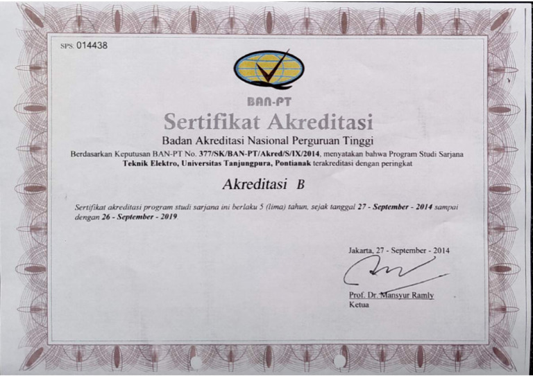 Akreditasi Prodi Teknik Elektro Universitas Tanjung Pura 2014-2019 | PDF