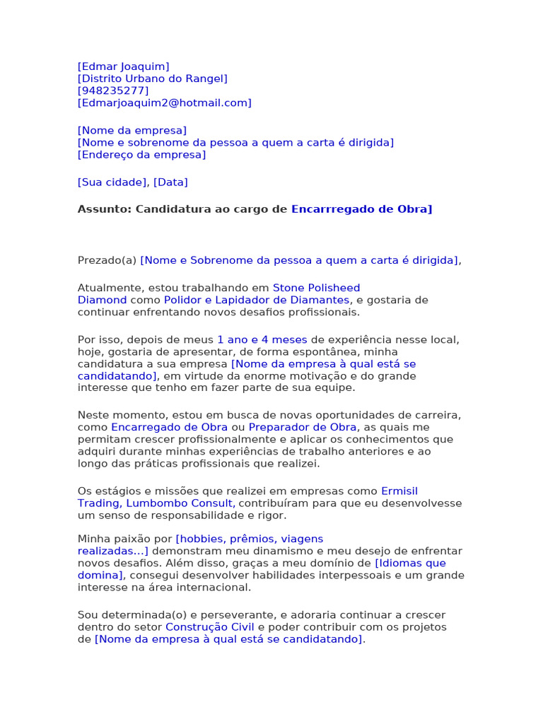 Modelo De Carta De Apresentação Dirigida A Uma Empresa Pdf