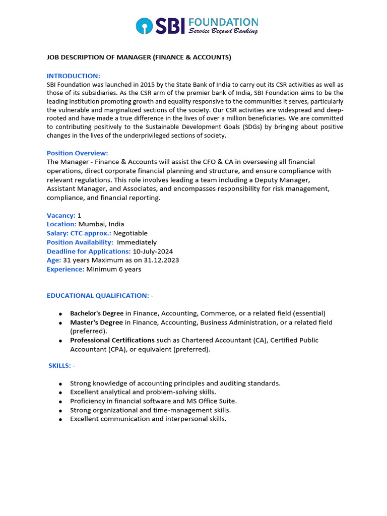 Manager - Finance & Accounts | PDF