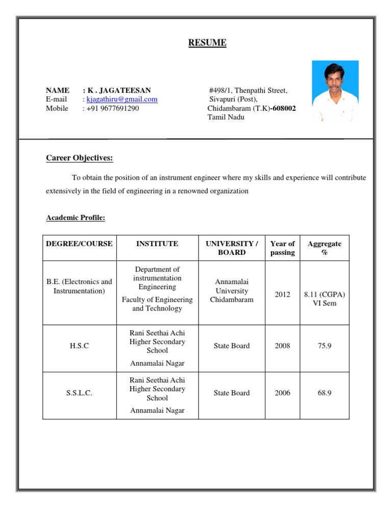resume format for freshers for mnc company