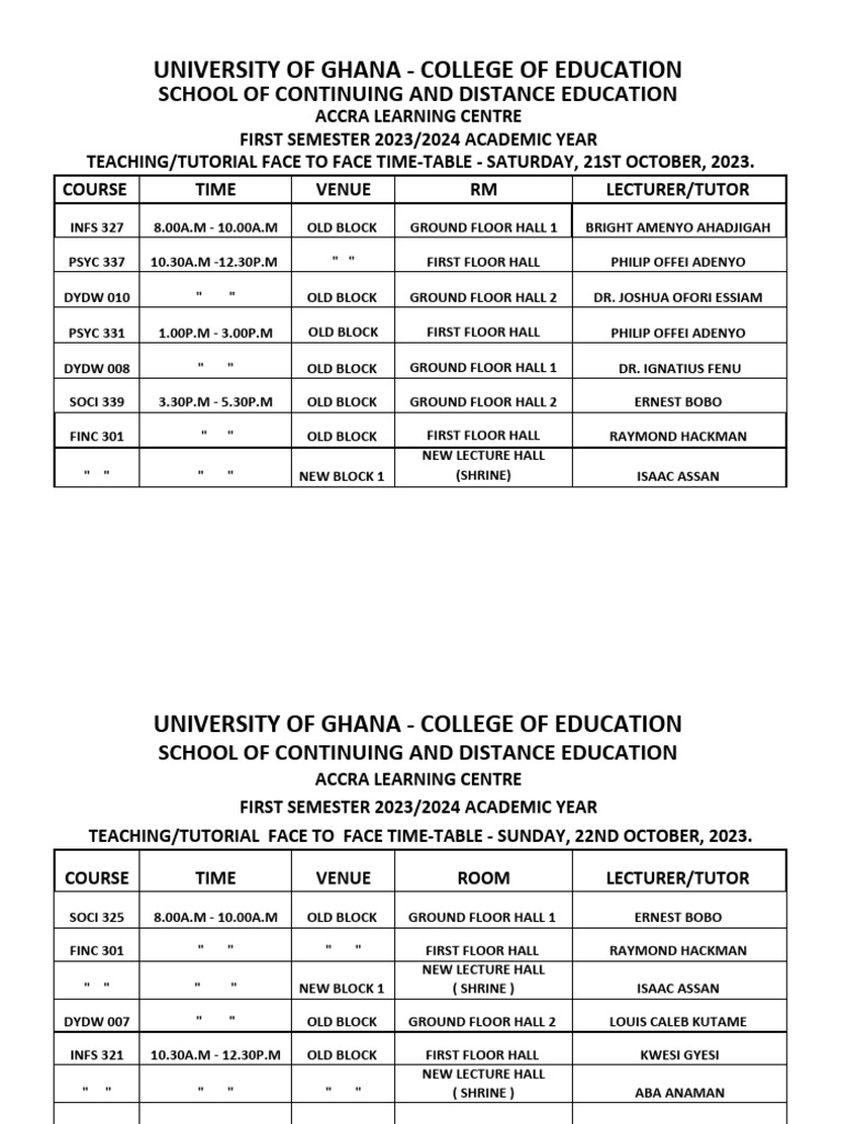 Timetable For de Weekend First Semester 24 | PDF