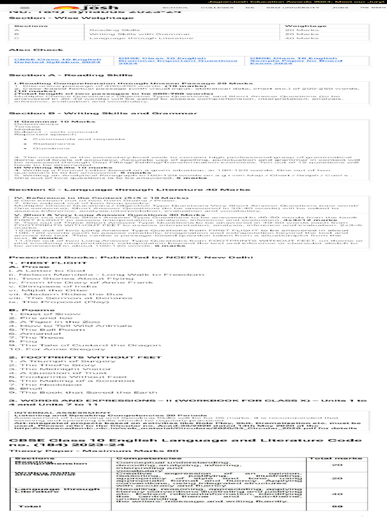 CBSE Class 10 English Syllabus For Board Exam 2024 PDF | PDF