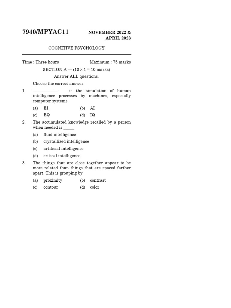 Psychology Previous Questions | PDF
