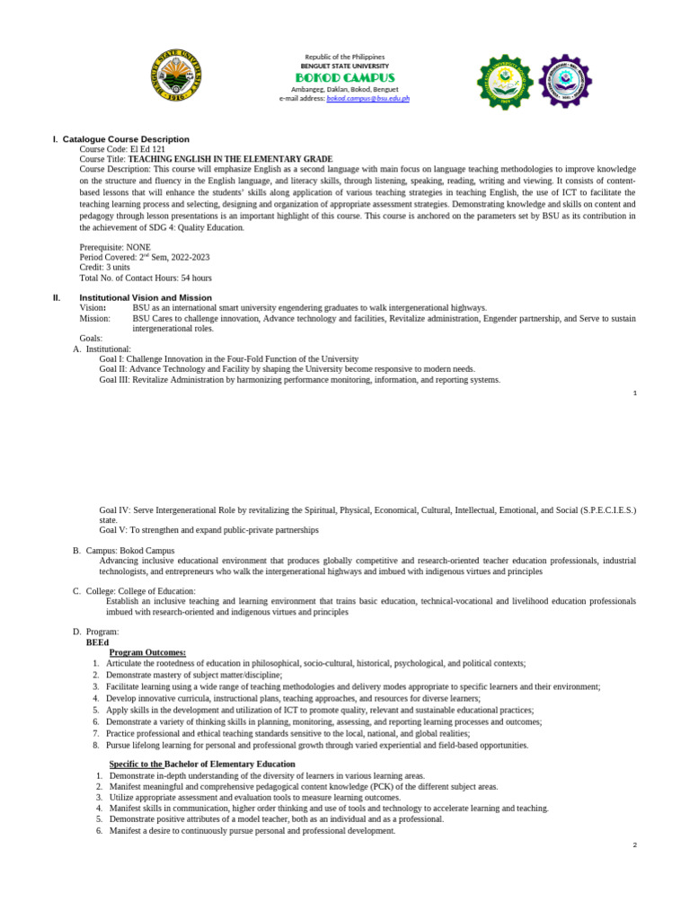 El Ed 121 Syllabus | PDF