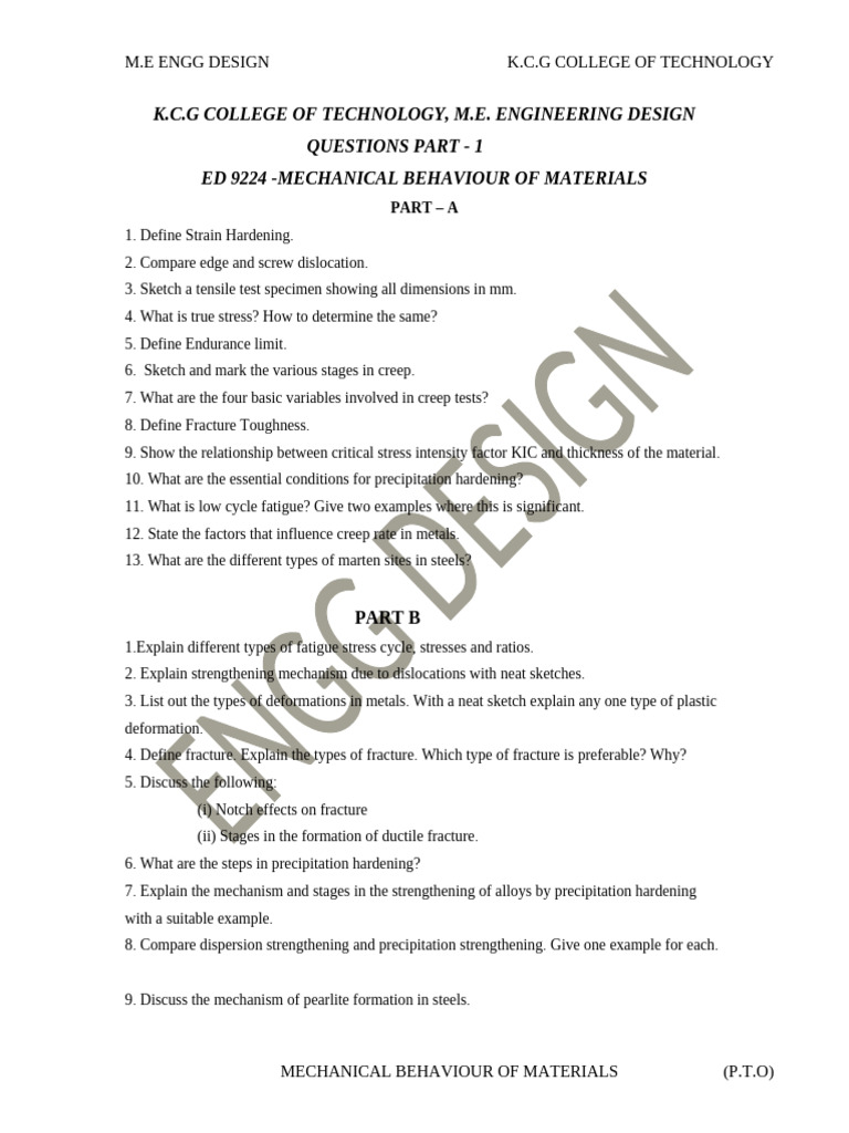 mechanical behaviour of materials questions | PDF