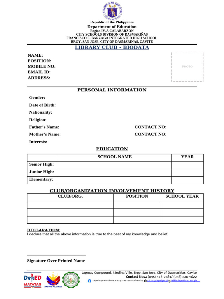 Library Club Biodata | PDF