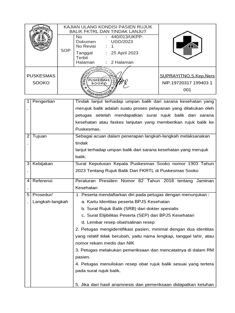 Sop Kajian Ulang Kondisi Pasien Rujuk Balik FKTRL Dan Tindak Lanjut | PDF