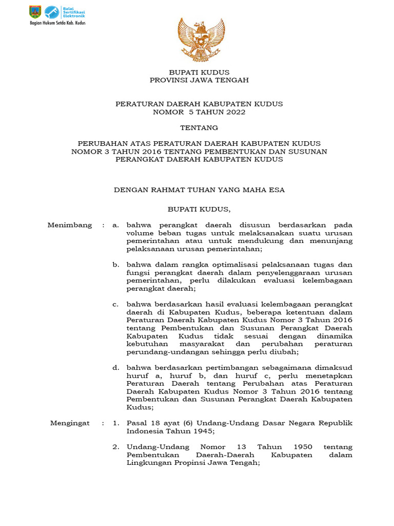 Perda Nomor5 Tahun 2022 Tentang Perubahan Perda 3 Tahun 2016 Perangkat ...