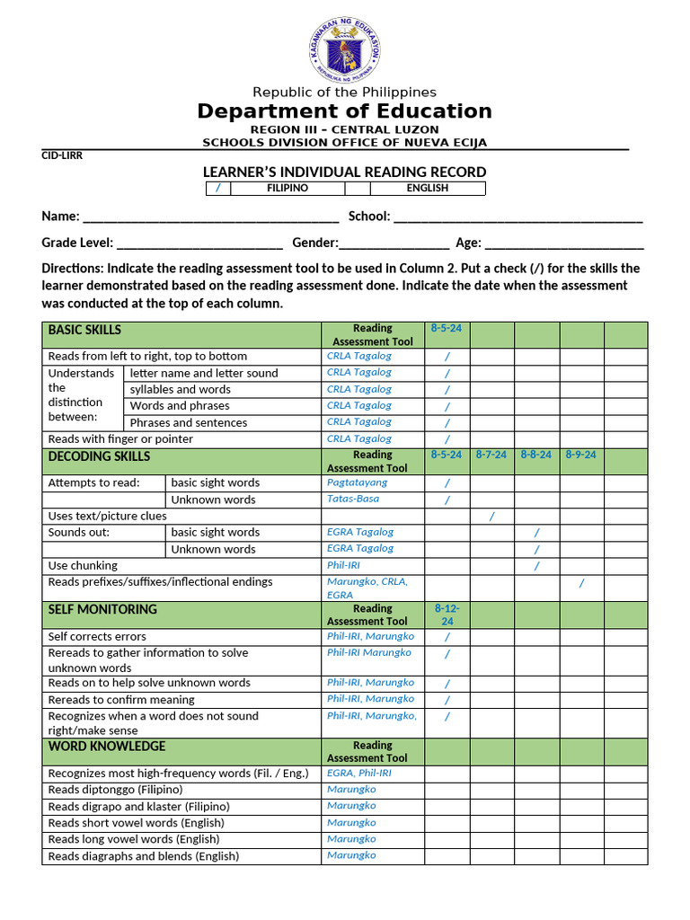 INDIVIDUAL-READING-RECORD Revisedrsr MCSB | PDF