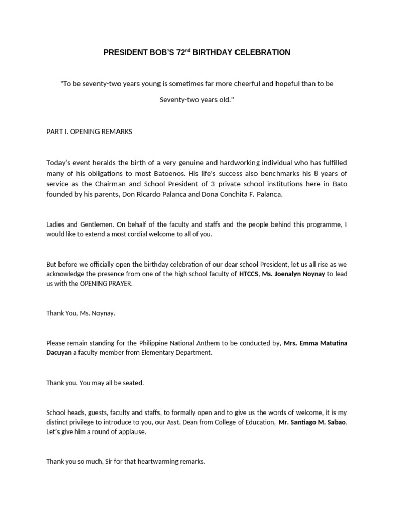 President Bobby Birthday - Host Script | PDF