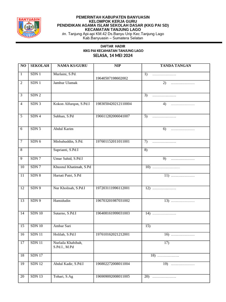 Daftar Hadir KKG PAI Tanjung Lago | PDF