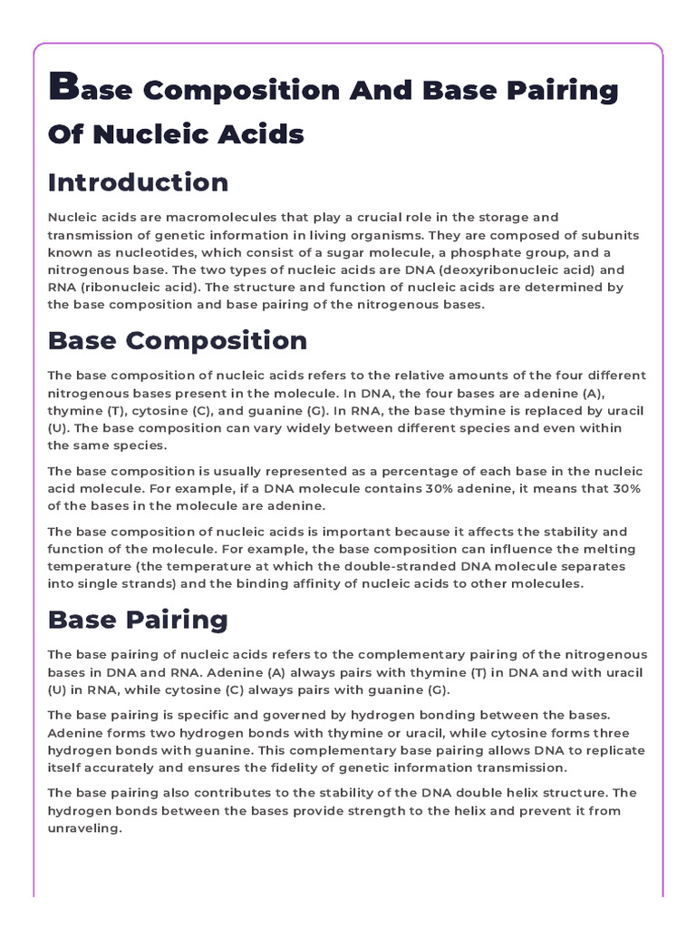Base Composition and Base Pairing of Nucleic Acid | PDF
