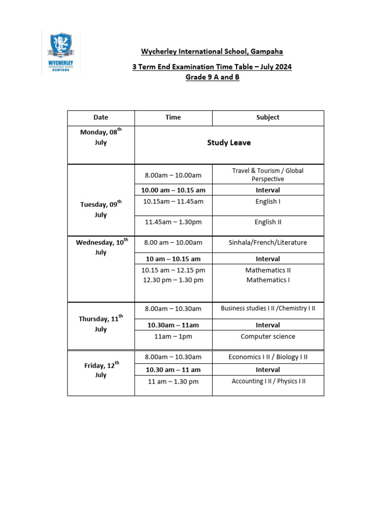 Grade 9 - 3rd Term Time Table - July 2024-1 | PDF