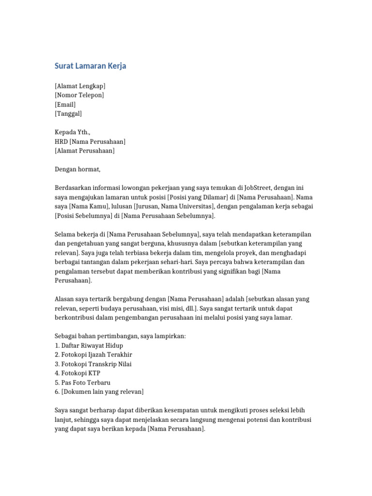 Surat lamaran kerja jobstreet pdf