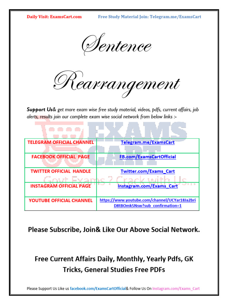 Sentence Rearrangement: Please Subscribe, Join& Like Our Above Social ...