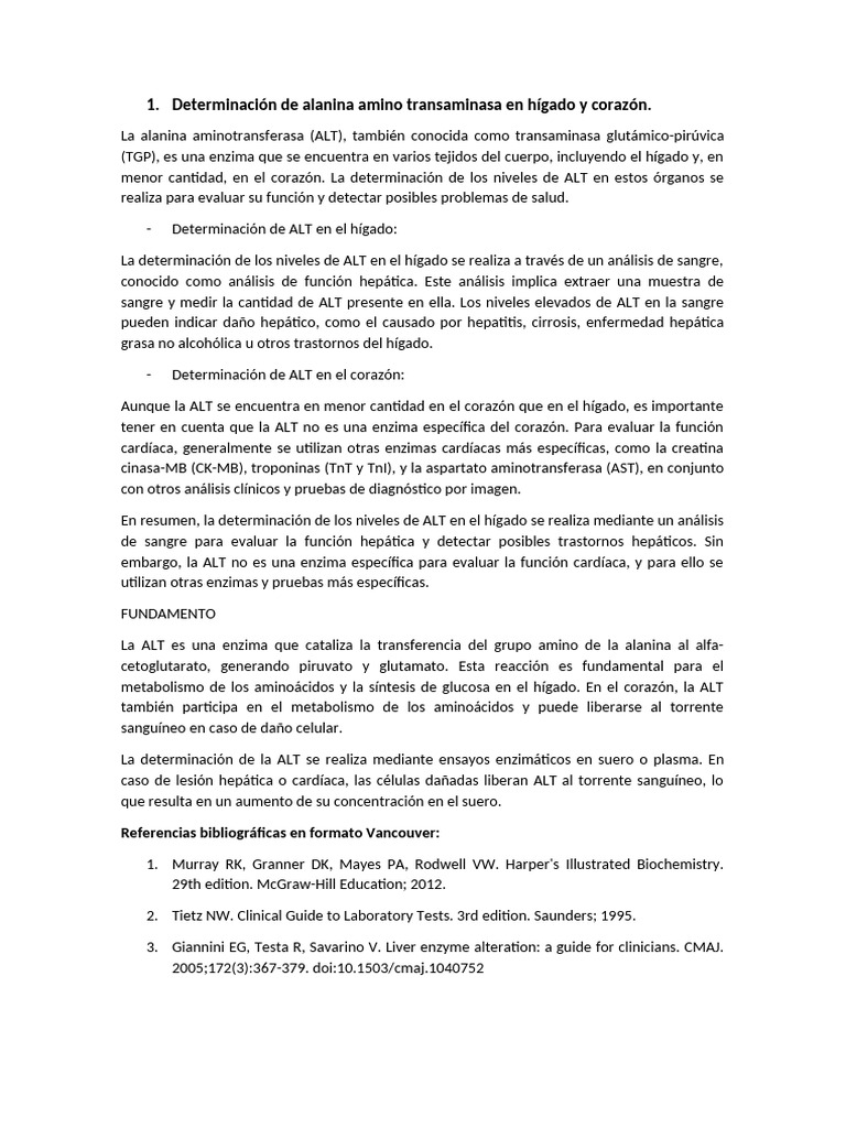 Determinación de Alanina Amino Transaminasa en Hígado y Corazón | PDF