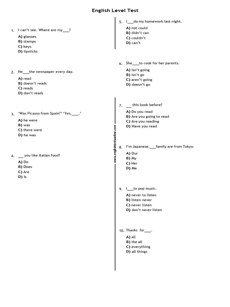 English Level Test Lesson 1 | PDF