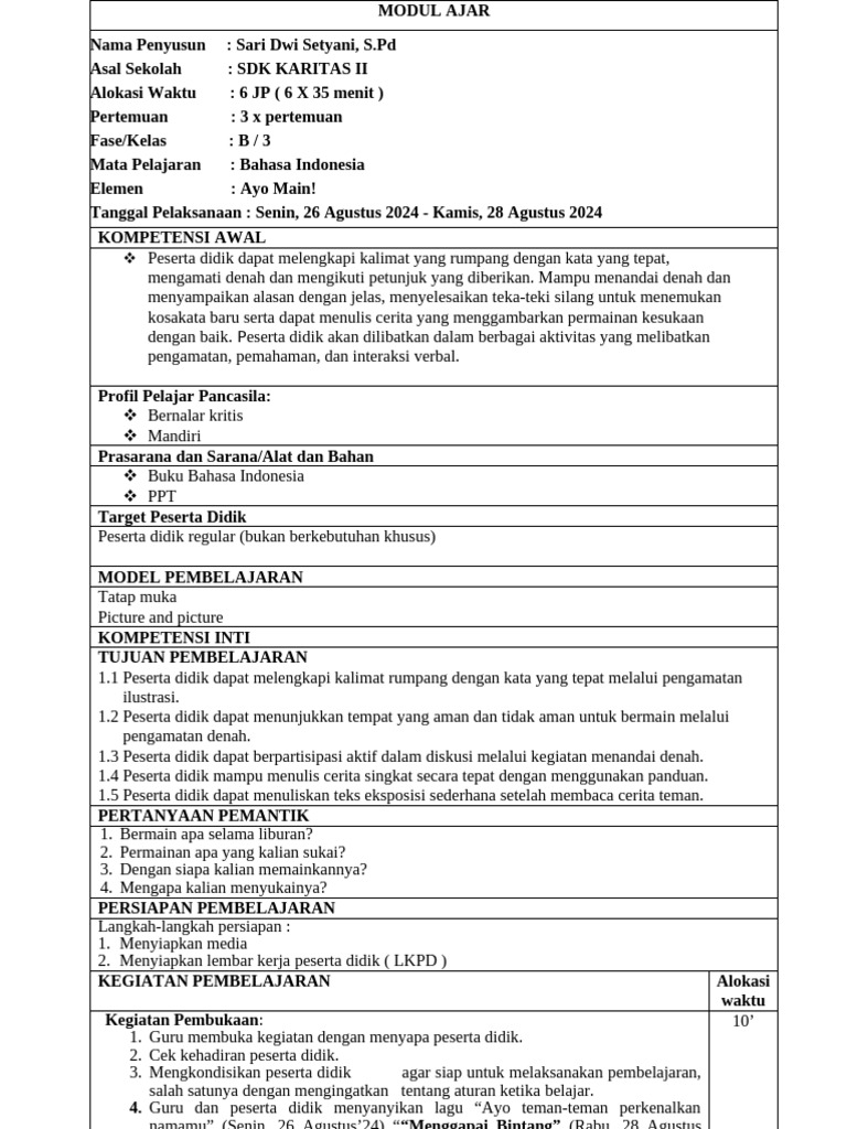 Modul Ajar Bahasa Indonesia Kelas 3 | PDF