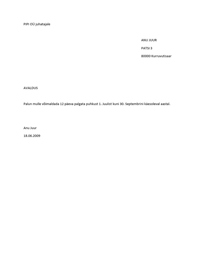 Palgata Puhkuseavaldus | PDF